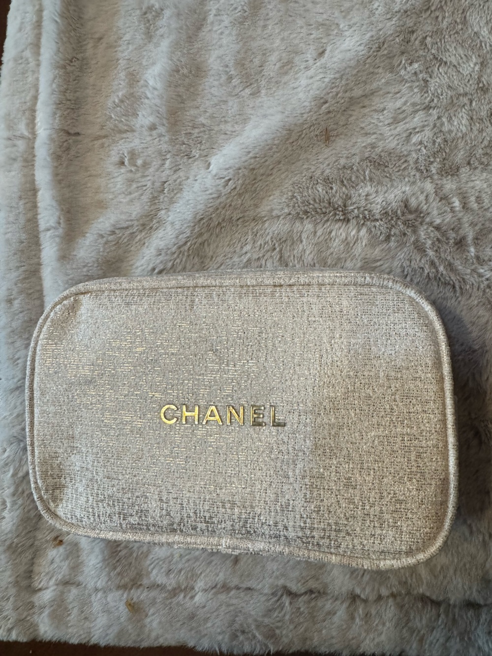 CHANEL Gold Logo Metallic Silver Makeup Pouch
